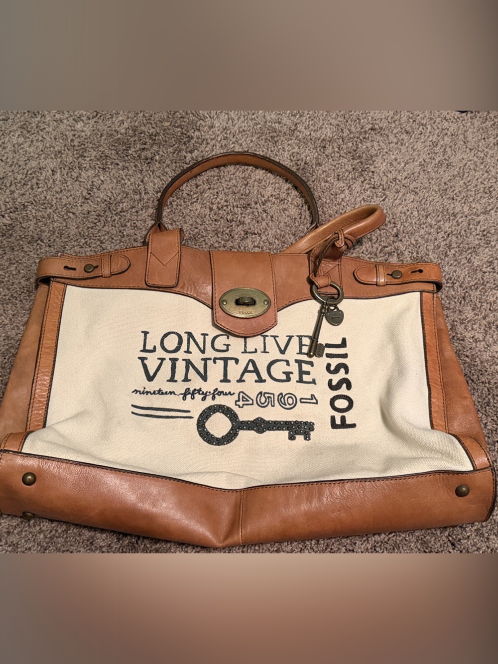 Fossil Tan Leather and Cream Canvas Tote with Turn-Lock Detail